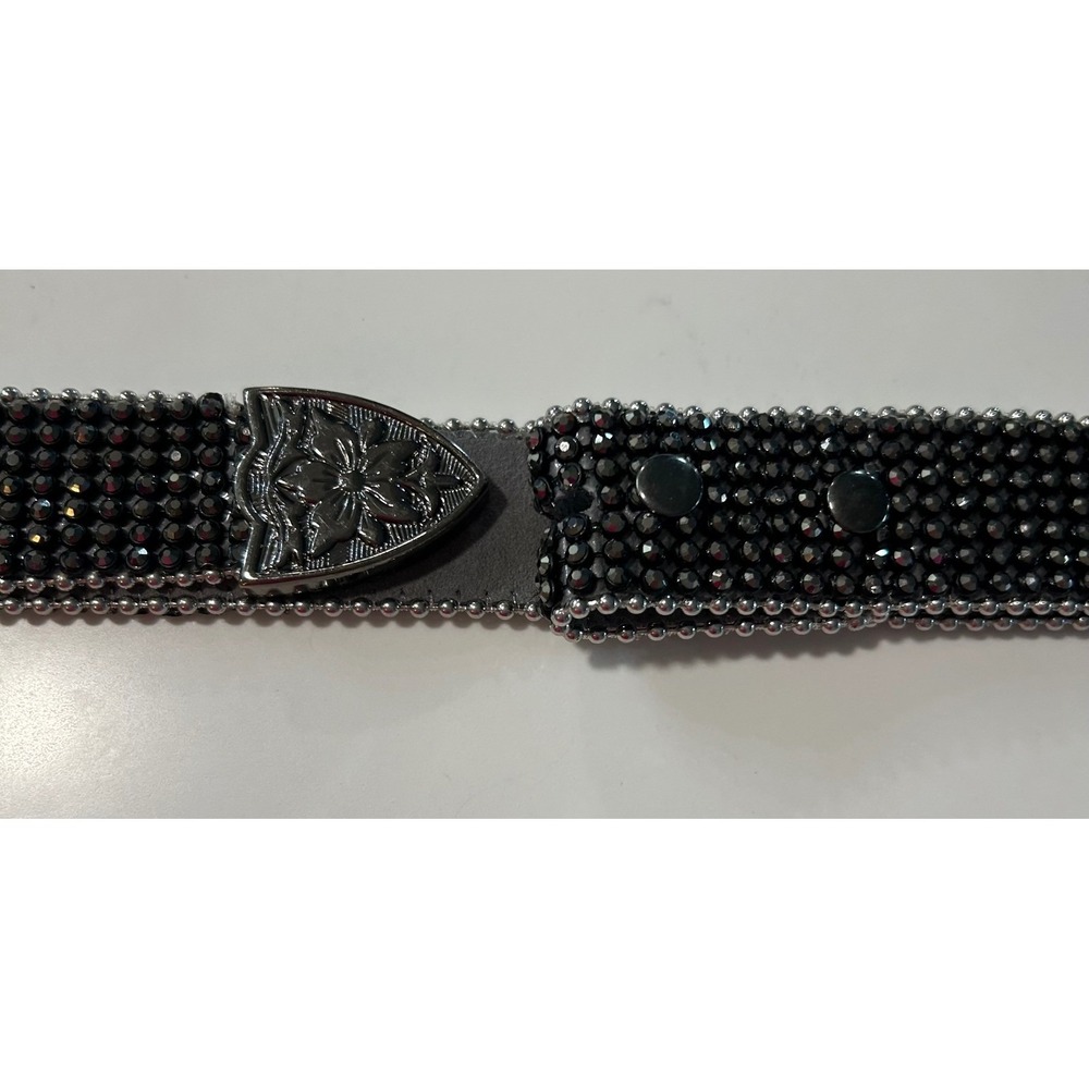 Womens Black Rhinestone Genuine Leather Western Belt Floral Tip XL Western Rodeo